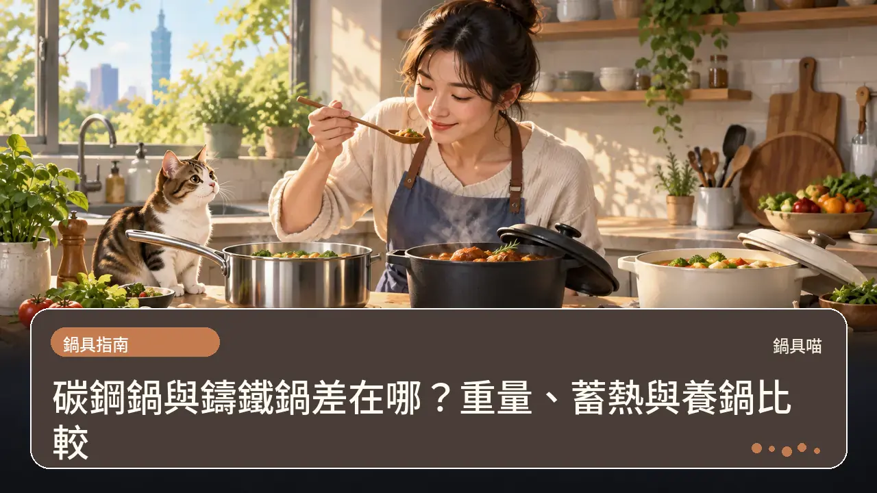 碳鋼鍋與鑄鐵鍋差在哪？重量、蓄熱與養鍋比較主題插畫