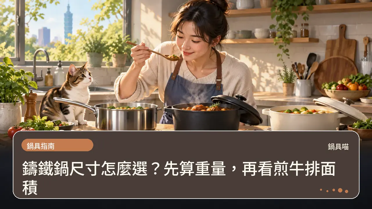 鑄鐵鍋尺寸怎麼選？先算重量，再看煎牛排面積主題插畫