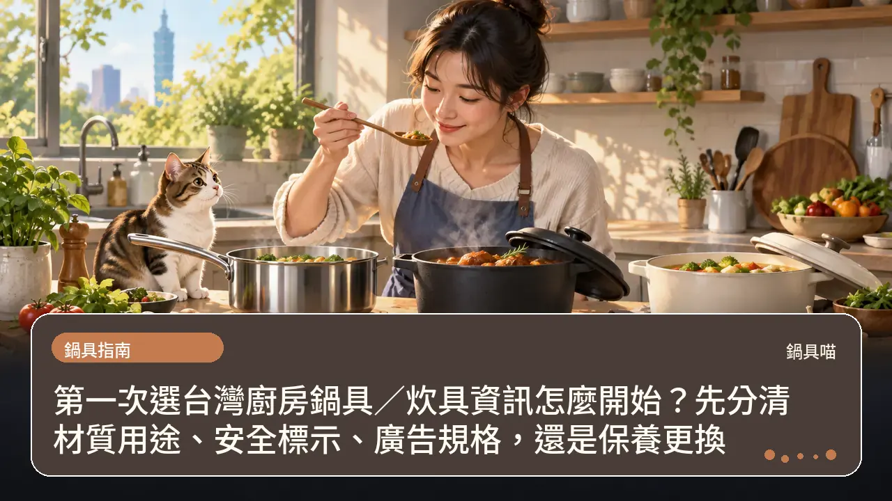 第一次選台灣廚房鍋具／炊具資訊怎麼開始？先分清材質用途、安全標示、廣告規格，還是保養更換主題插畫