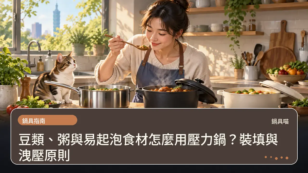 豆類、粥與易起泡食材怎麼用壓力鍋？裝填與洩壓原則主題插畫