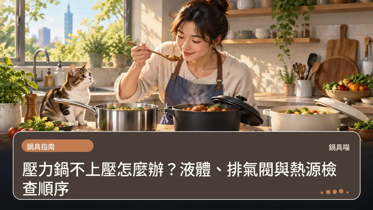 壓力鍋不上壓怎麼辦？液體、排氣閥與熱源檢查順序主題插畫