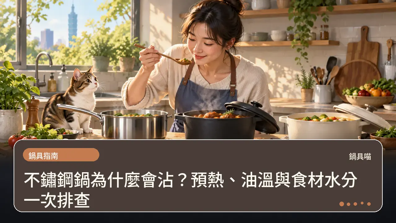 不鏽鋼鍋為什麼會沾？預熱、油溫與食材水分一次排查主題插畫