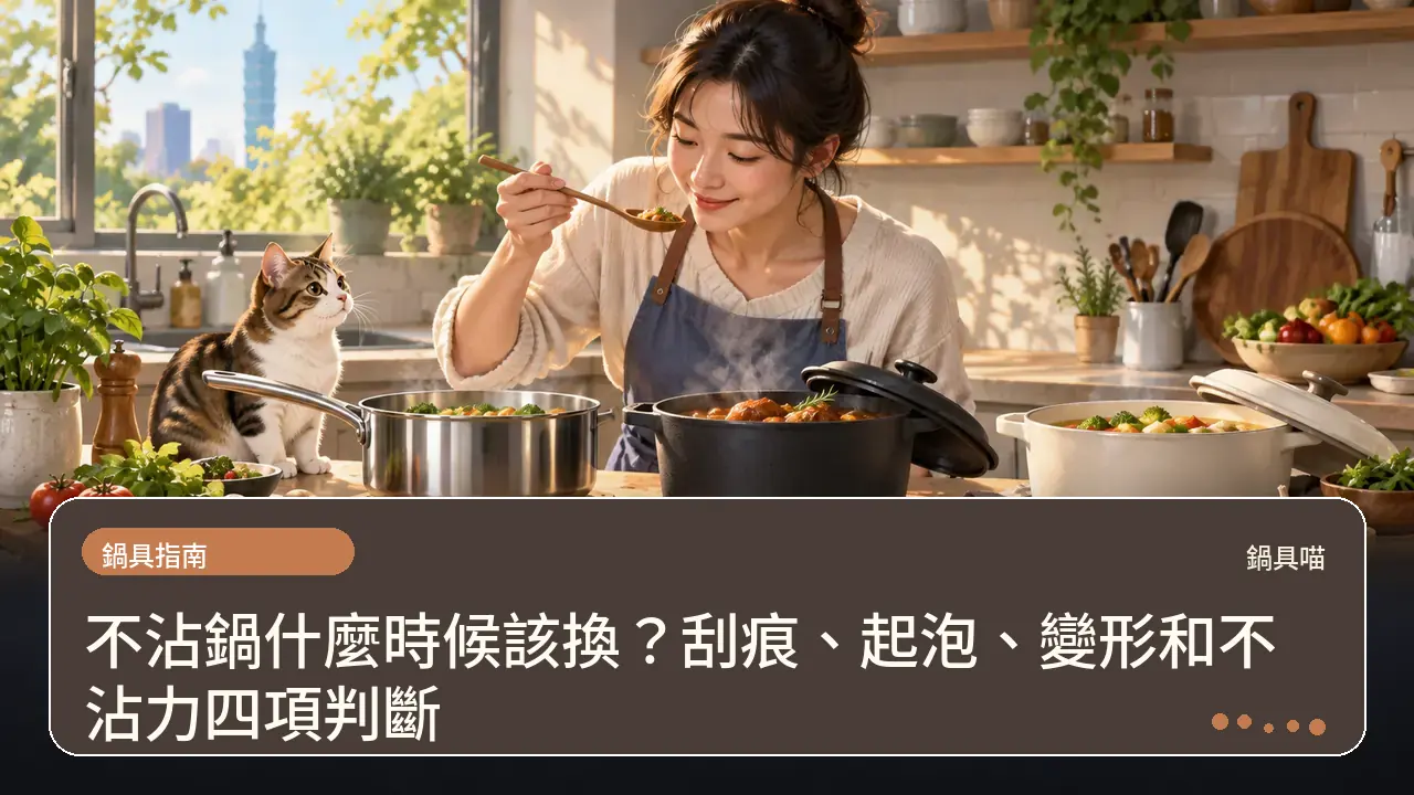 不沾鍋什麼時候該換?刮痕、起泡、變形和不沾力四項判斷主題插畫